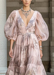 Fitted Pink Cinched Print Chiffon Robe Dresses Puff Sleeve