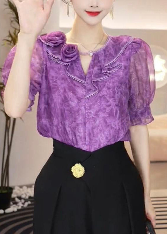 Fitted Purple O Neck Floral Patchwork Chiffon Top Summer