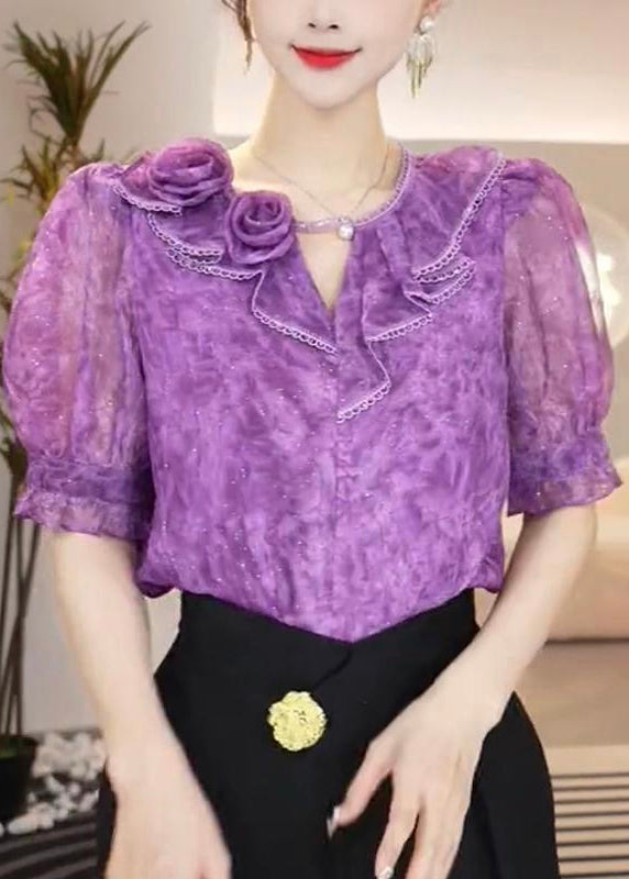 Fitted Purple O Neck Floral Patchwork Chiffon Top Summer