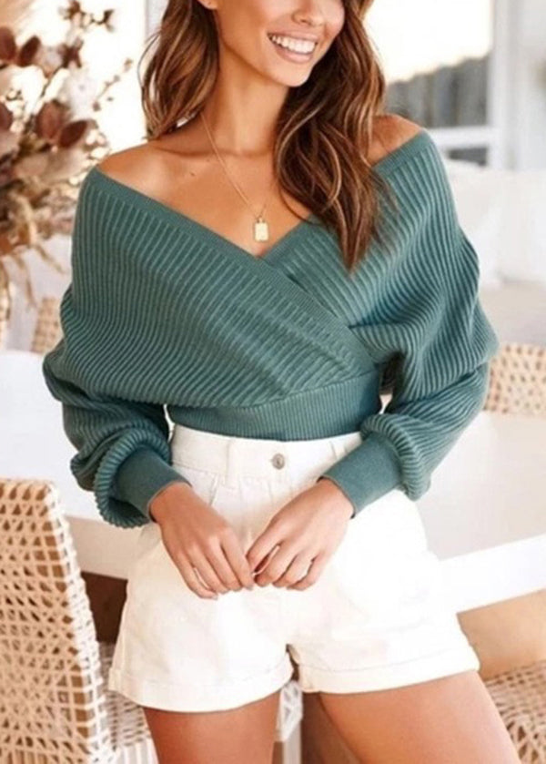 Fitted White V Neck Cold Shoulder Knit Sweaters Fall