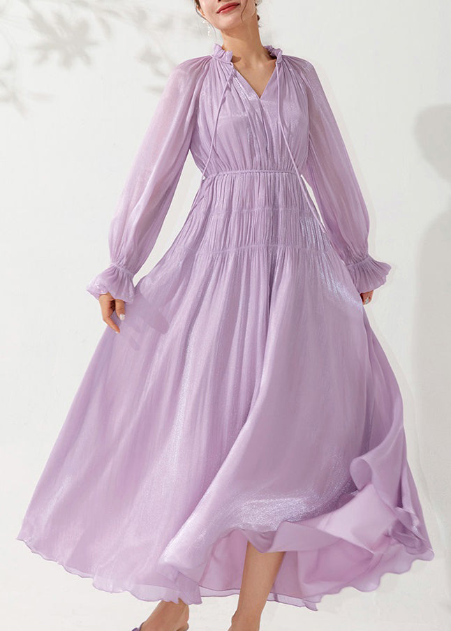 Floral Light Purple Ruffled Lace Up Silk Long Dress Fall