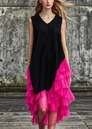 French Black Asymmetrical Tulle Patchwork Cotton Maxi Dresses Summer