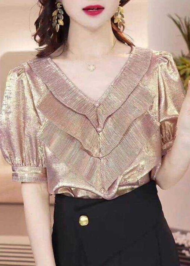 French Gold V Neck Ruffled Patchwork Silk Shirt Tops Summer