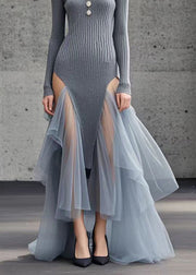 French Grey Asymmetrical Patchwork Tulle Sweater Dress Winter