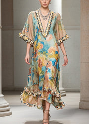 French Khaki Ruffled Print Chiffon Long Dresses Summer