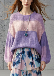 French Lavender Oversized Patchwork Cozy Sweaters Fall