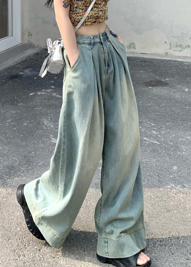 French Light Blue Pockets High Waist Wide Leg Pants Summer