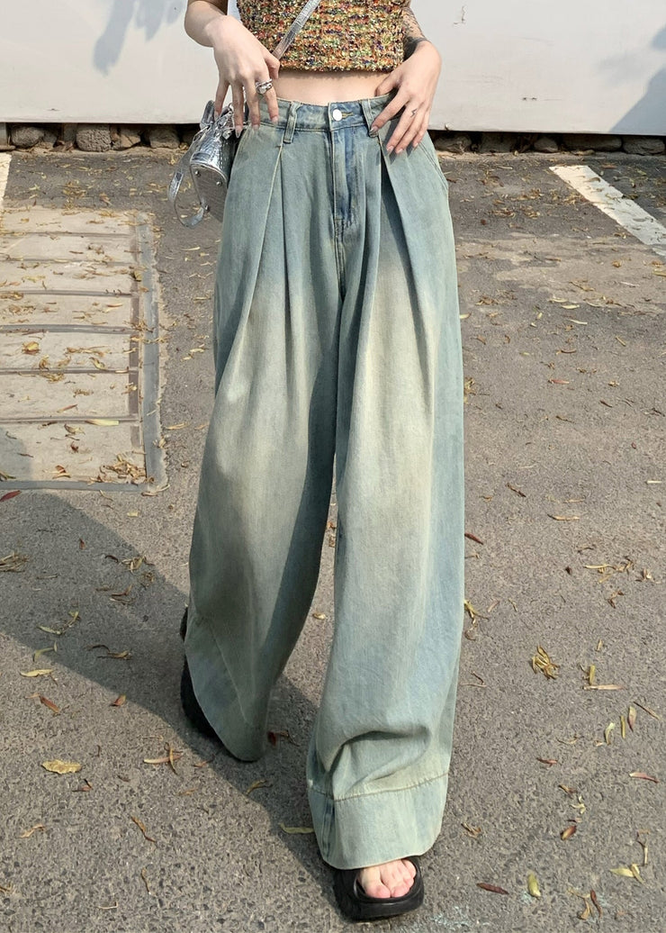 French Light Blue Pockets High Waist Wide Leg Pants Summer