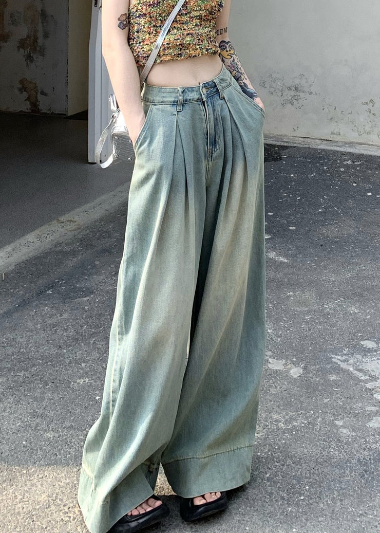 French Light Blue Pockets High Waist Wide Leg Pants Summer