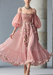 French Pink Cold Shoulder Three-dimensional Floral Chiffon Party Dress Puff Sleeve