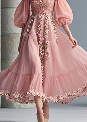 French Pink Cold Shoulder Three-dimensional Floral Chiffon Party Dress Puff Sleeve