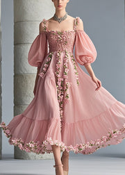 French Pink Cold Shoulder Three-dimensional Floral Chiffon Party Dress Puff Sleeve