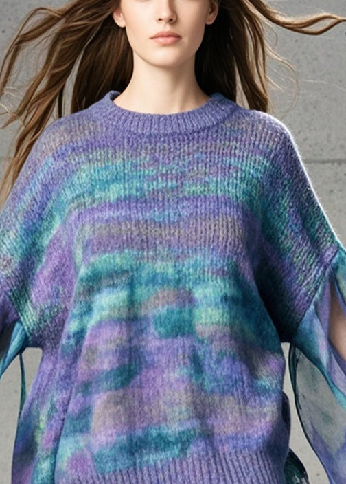 French Purple Tie Dye Patchwork Tulle Sweater Fall