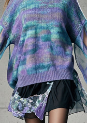 French Purple Tie Dye Patchwork Tulle Sweater Fall