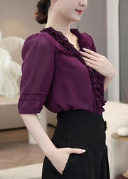 French Purple V Neck Ruffled Patchwork Cotton Chiffon Tops Summer