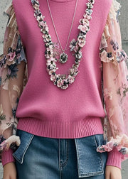 French Rose Ruffled Patchwork Print Knit Sweater Fall