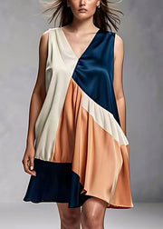 French V Neck Wrinkled Patchwork Silk Dress Sleeveless