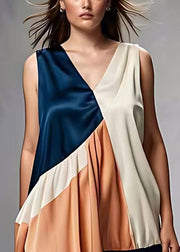 French V Neck Wrinkled Patchwork Silk Dress Sleeveless