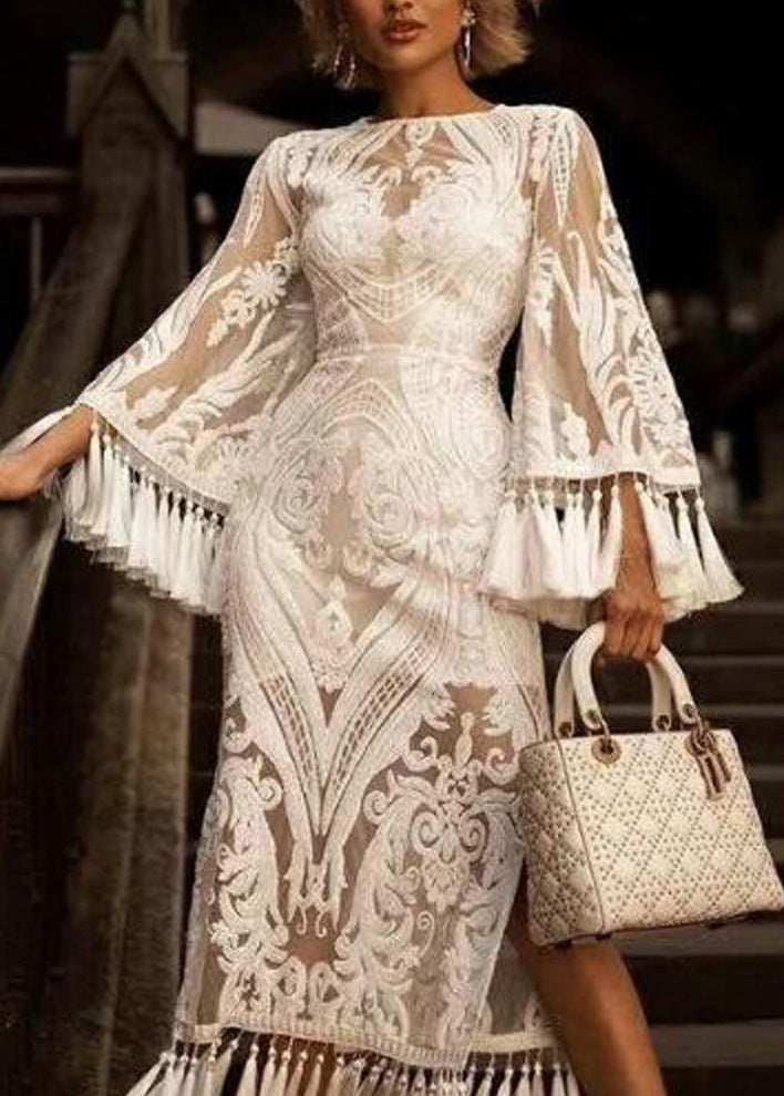 French White Embroidered Tasseled Lace Dress Two Pieces Set Fall