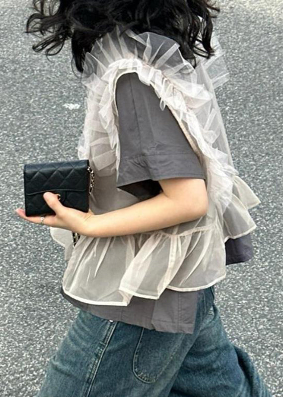 Handmade Grey Ruffled Patchwork Tulle Tops Short Sleeve