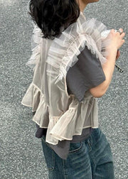 Handmade Grey Ruffled Patchwork Tulle Tops Short Sleeve