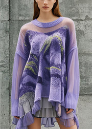 Handmade Purple Oversized Patchwork Tulle Knitted Tops Fall