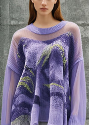 Handmade Purple Oversized Patchwork Tulle Knitted Tops Fall