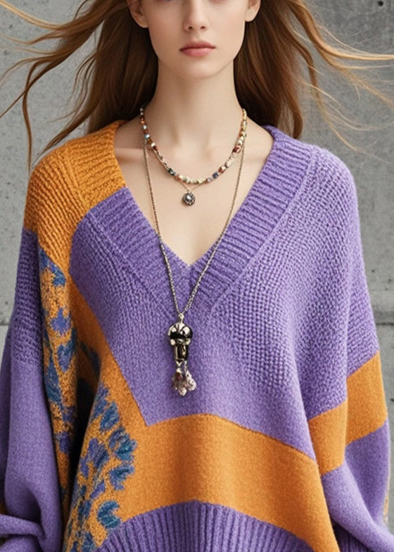 Handmade Purple Oversized Print Knitted Tops Fall