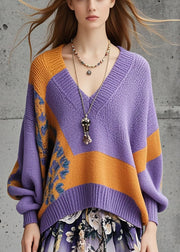 Handmade Purple Oversized Print Knitted Tops Fall