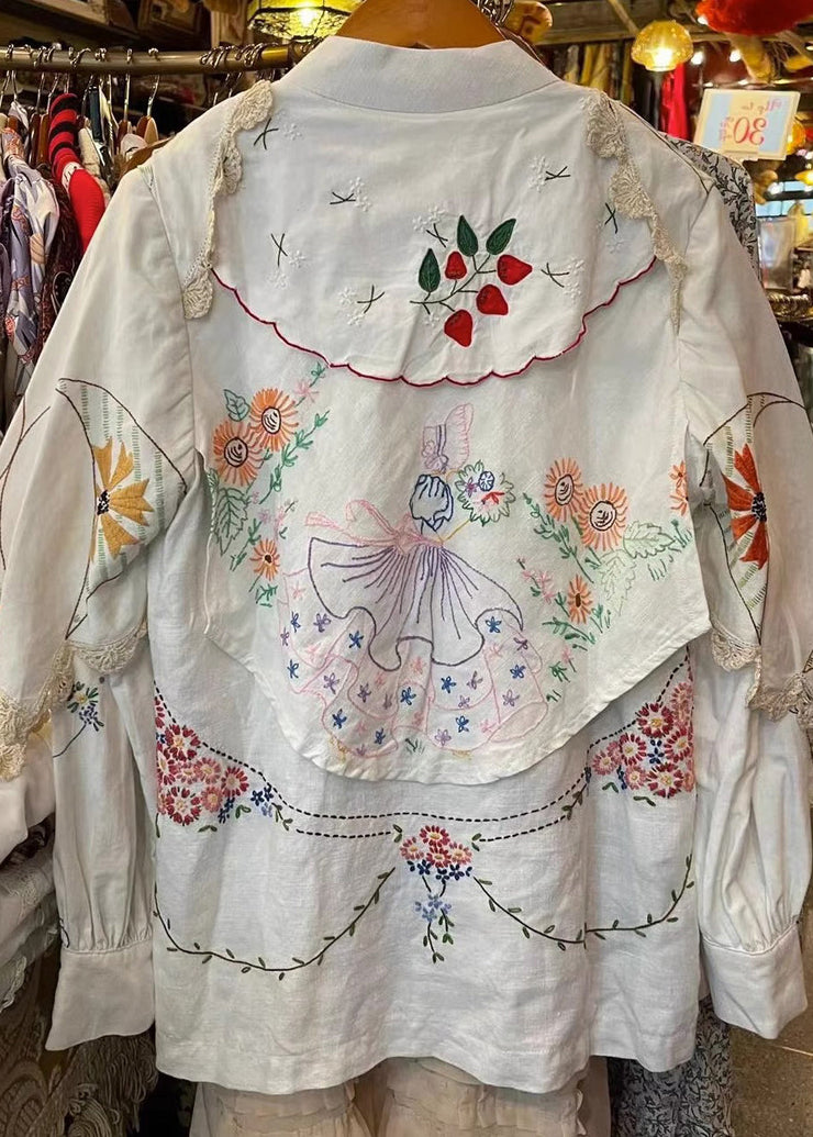 Handmade White Embroidered Patchwork Cotton Blouse Tops Fall