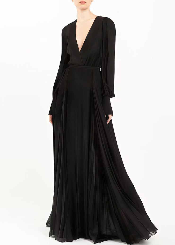 Italian Black V Neck Wrinkled Zippered Chiffon Maxi Dresses Fall