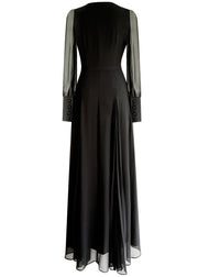 Italian Black V Neck Wrinkled Zippered Chiffon Maxi Dresses Fall