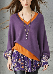 Italian Dull Purple V Neck Patchwork Fake Two Piece Sweaters Fall