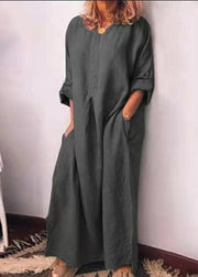 Italian Green O Neck Pockets Cotton Long Dress Fall