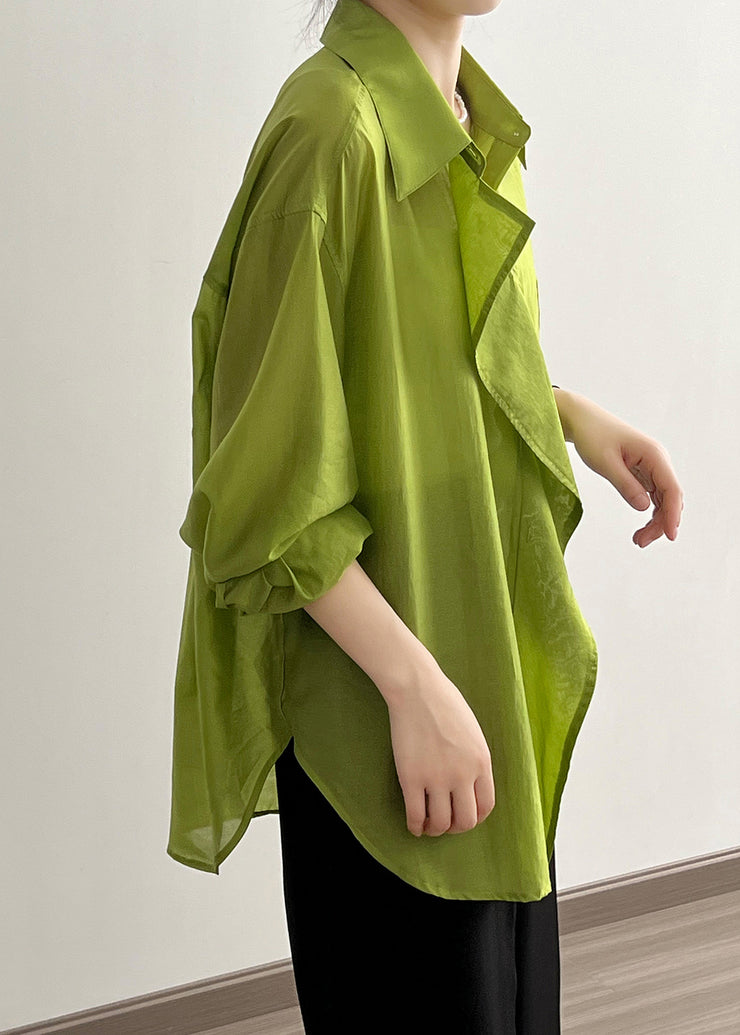 Italian Green Peter Pan Collar Ruffled Cotton Shirt Tops Early Fall