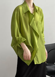 Italian Green Peter Pan Collar Ruffled Cotton Shirt Tops Early Fall