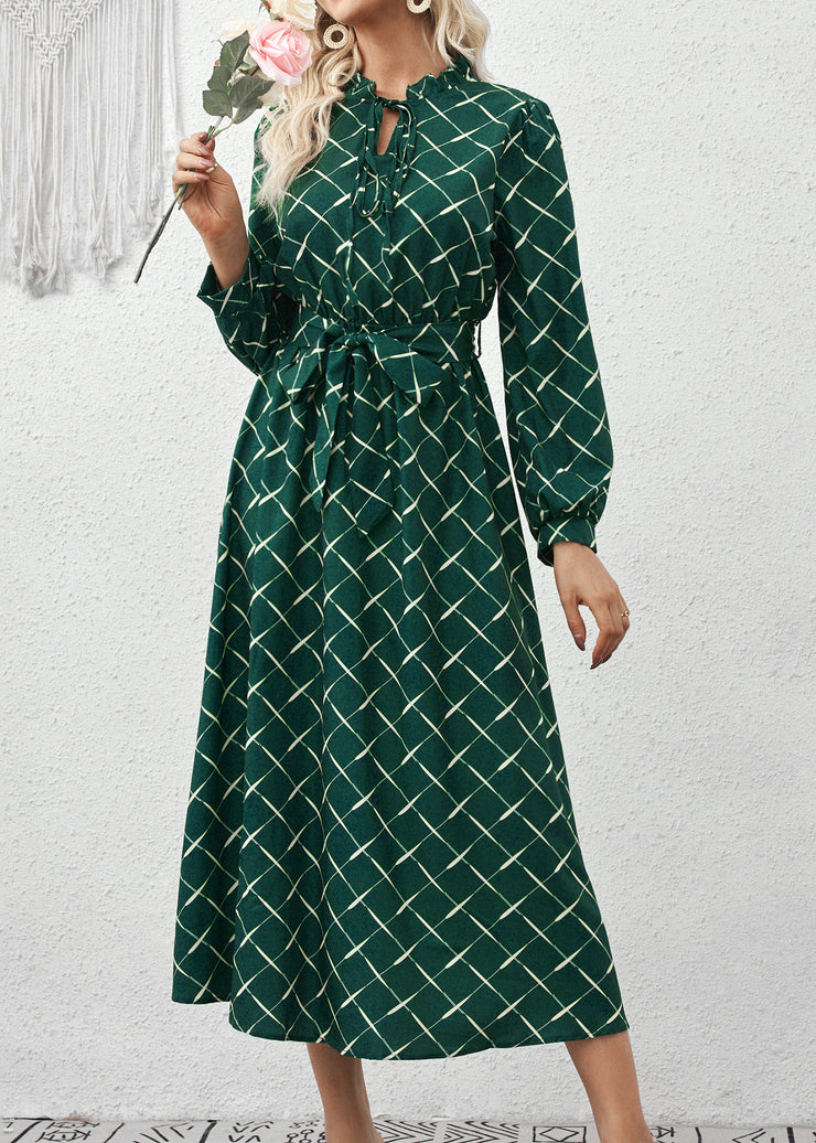 Italian Green Ruffled Print Lace Up Cotton Dress Fall