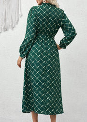 Italian Green Ruffled Print Lace Up Cotton Dress Fall