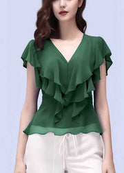 Italian Green V Neck Ruffled Patchwork Chiffon Top Summer