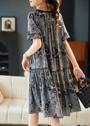 Italian Grey O Neck Print Lace Patchwork Chiffon Dress Summer