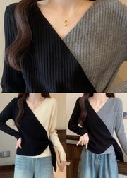 Italian Grey V Neck Asymmetrical Cross Strap Knit Top Fall