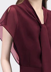 Italian Mulberry Bow Patchwork Chiffon Shirt Top Batwing Sleeve