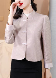 Italian Pink Stand Collar Print Button Silk Coat Fall