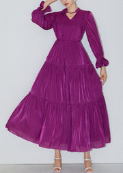 Italian Purple Ruffled Elastic Waist Silk Long Dresses Butterfly Sleeve