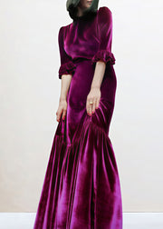 Italian Purple Zippered Wrinkled Velour Long Dress Butterfly Sleeve