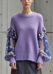 Lavender Patchwork Knitted Tops Oversized Fall