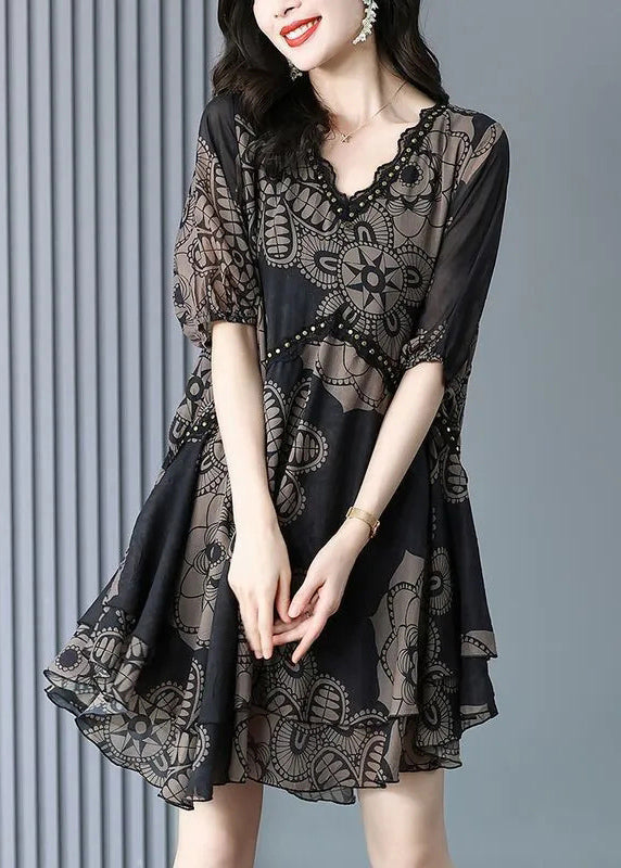 Loose Black V Neck Print Lace Patchwork Chiffon Mid Dress Summer