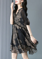 Loose Black V Neck Print Lace Patchwork Chiffon Mid Dress Summer