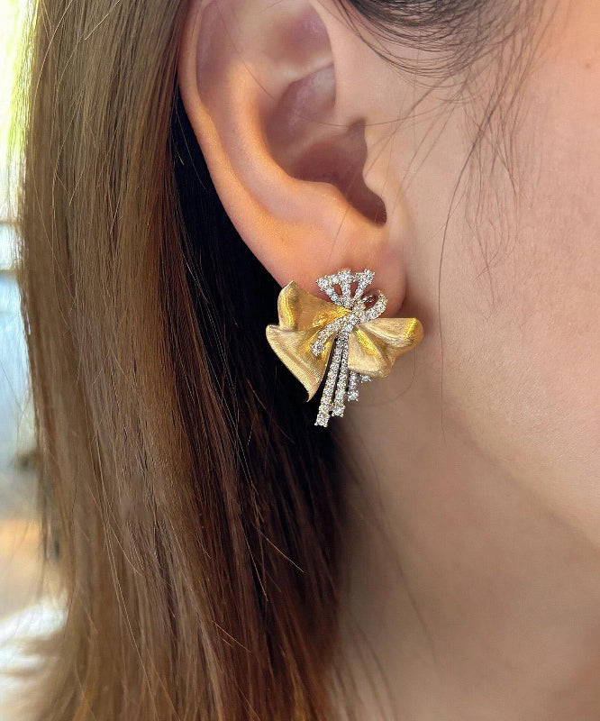 Loose Gold 14K Zircon Bow Stud Earrings