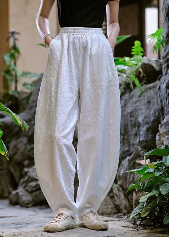 Loose Navy Pockets Elastic Waist Linen Pants Trousers Summer